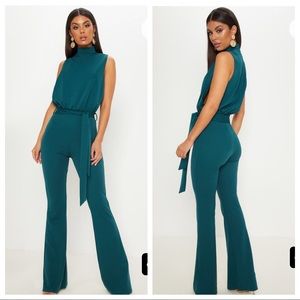 Emerald Green High Neck Tie Waist Jumpsuit